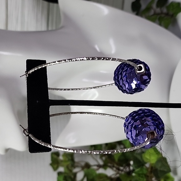 Large Silver Statement Hoop Earrings with Lavender Purple Sequin Disco Ball… - Picture 4 of 7